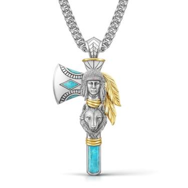 Imagem de Colar com pingente de machado indiano, design de lobo nativo americano, corrente de aço inoxidável, Adjustable, Aço inoxidável, Zircônia cúbica