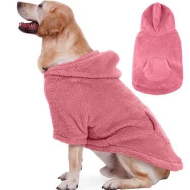 Imagem de IDOMIK Suéter Fuzzy Dog com capuz ajustável, suéter de lã quente para cachorro com orifício e bolso, pulôver para cães grandes, moletom com capuz felpudo para outono inverno Natal, rosa, 3GG
