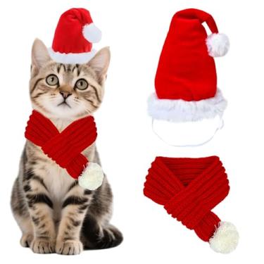 Imagem de Chapéu de Papai Noel para cães com cachecol ajustável, touca de Natal para cães, cachecol de malha vermelha com bola pompom branca, acessórios para cabeça e pescoço para animais de estimação PP