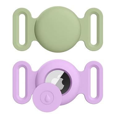 Imagem de Suporte para coleira de cachorro Air Tag, pacote com 2 acessórios de rastreamento GPS antiperda de silicone para coleiras de cães e gatos (roxo claro + matcha, grande)