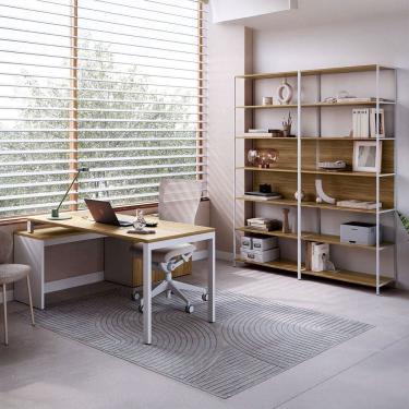Imagem de Mesa Escrivaninha em L com Balcão Lateral Gavetas Porta e 2 Estantes Escritório Industrial Executive Macadâmia / Branco