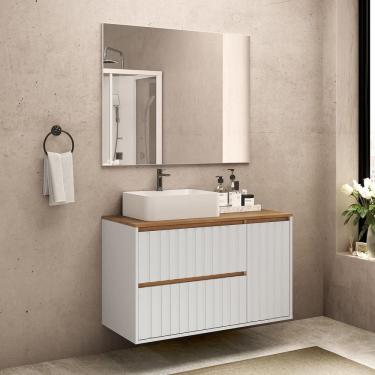 Imagem de Gabinete para Banheiro com Cuba e Espelheira 100cm Toronto Yescasa Branco/Carvalho