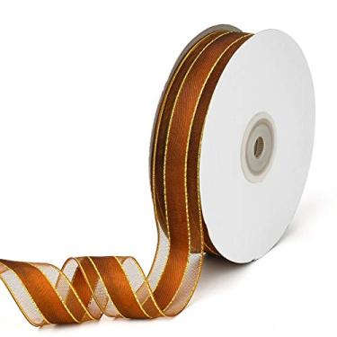 Imagem de Generic 1 rolo de fitas de organza de ouro maciço de 50 metros com borda com fio - Fita decorativa listrada clássica DIY para embrulho de presente, chuveiro, casamento, buquês de noiva, decoração de