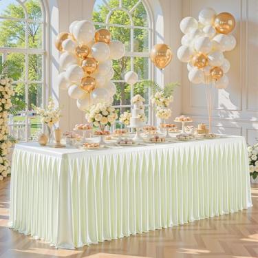 Imagem de Toalhas de mesa de cetim marfim de 1,8 m para mesas retangulares – Capa de mesa de festa de elastano brilhante com saia de mesa plissada, toalha de mesa de casamento sem rugas e brilhante, peça única