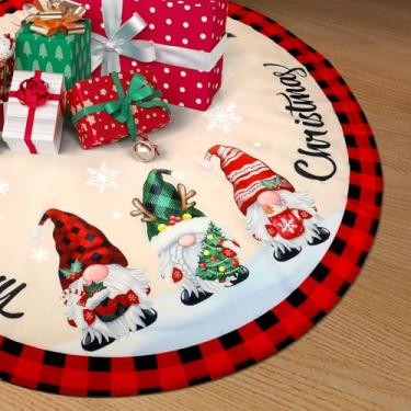 Imagem de Saia para árvore de Natal, 121 cm, xadrez buffalo, vermelho e preto, gnomo, tapete decorativo para árvore de Natal, decorações de Natal rústicas para decoração