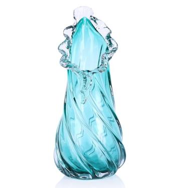 Imagem de Conjunto de vaso de vidro grande azul soprado à mão - vaso azul claro artístico para decoração de casa costeira e moderna, design de vaso de ondas oceânicas, estilo luxuoso leve para decoração de casa