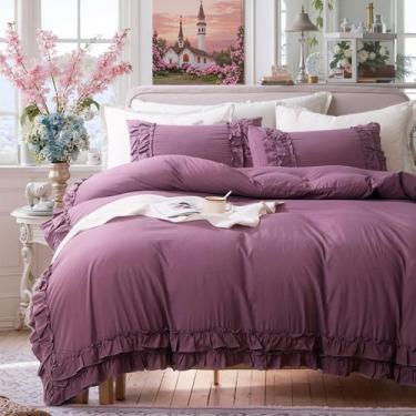 Imagem de Conjunto de capa de edredom Bedorm Queen Purple Ruffle Washed Microfib