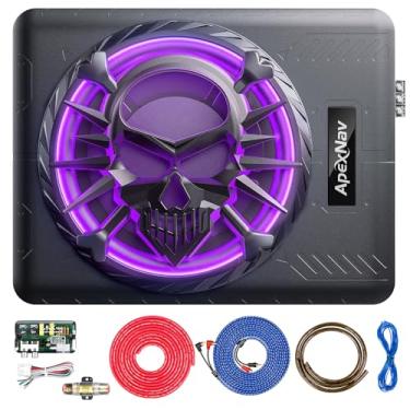 Imagem de Subwoofer de carro de 25,4 cm 1200W fino alimentado por baixo do assento, caixa de áudio de carro/caminhão, pacote de amplificador embutido, com luz ambiente LED (subwoofer + kit de fio de instalação)