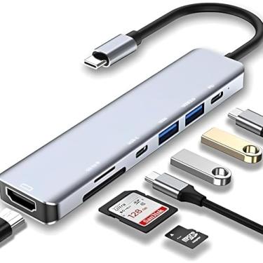 Imagem de Adaptador Hub 7 em 1 USB-C Premium com Saída HDMI 4K a 60Hz, 7 Portas, USB 3.0, Leitor de Cartão SD, Fonte de Alimentação Tipo C, Carregamento Rápido Multiportas