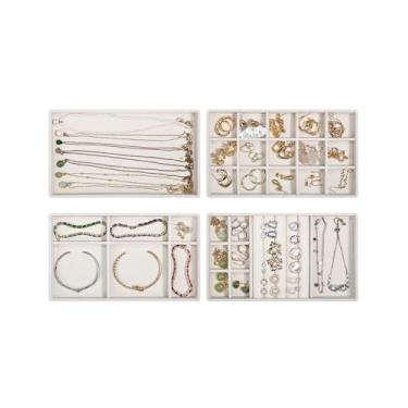 Imagem de Teppdfann Bandejas organizadoras de joias empilháveis com divisórias removíveis, conjunto organizador de gaveta de joias bege com 4 bandejas para brincos, colares, anéis e pulseiras, presente para ela