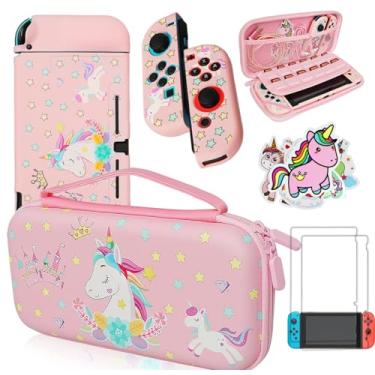 Imagem de Capa de unicórnio rosa compatível com Nintendo Switch com capa protetora acoplável + protetor de tela + adesivos de unicórnio, kit de acessórios de estojo de armazenamento rígido para aniversário de