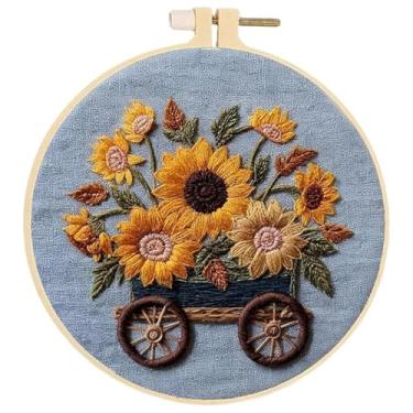Imagem de Huacan Kits de bordado para adultos, iniciantes, 1 peça, estampa de carrinho de girassóis estampados, kit de costura faça você mesmo, 19 x 19 cm