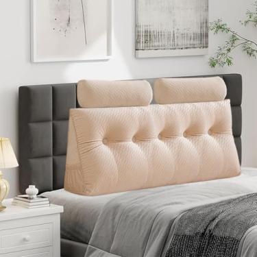 Imagem de Almofada triangular de veludo para cabeceira de cabeça, capa removível, cama de beliche, suporte de posicionamento do encosto, descanso de leitura relaxante (bege com almofada de rolo, queen (150 x 50