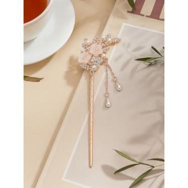 Imagem de 1 peça de bastão de cabelo de liga de flor, bastão de cabelo de flor de pérola de strass, pauzinhos de cabelo chinês vintage ouro rosa, pino de cabelo com borla vintage para festas, casamentos