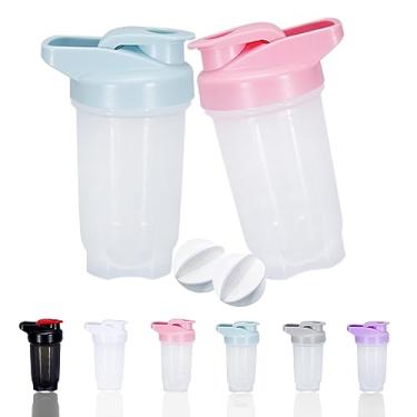 Imagem de GAISHION Coqueteleira de shakes de proteína e coqueteleira de 300 ml com bolas de batedor, conjunto de garrafas de coqueteleira de proteína, plástico não BPA (azul + rosa (2 peças))