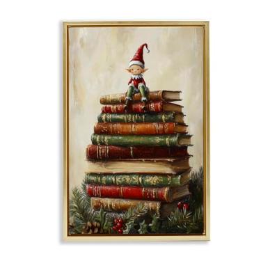 Imagem de Stupell Industries Christmas Elf Bookstack Gray Framed Floater Canvas Wall Art, design by Petal Prints Design, 30 x 21