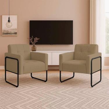 Imagem de Poltrona Sala Industrial Alta Tubo Preto Kit 2 Elisa Suede Marrom Rato D03 - D'rossi