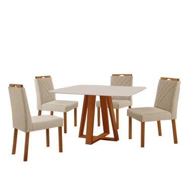 Imagem de Conjunto Sala De Jantar Mesa Floripa 120x90cm Off White Com 4 Cadeiras Dallas Linho Bege