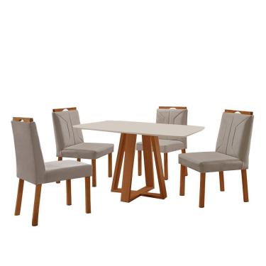 Imagem de Conjunto Sala De Jantar Mesa Floripa 120x80cm Off White Com 4 Cadeiras Luna Veludo Cinza