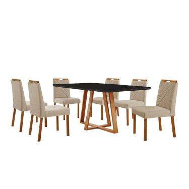 Imagem de Conjunto Sala De Jantar Mesa Florença 180x90cm Preto Com 6 Cadeiras Dallas Linho Bege