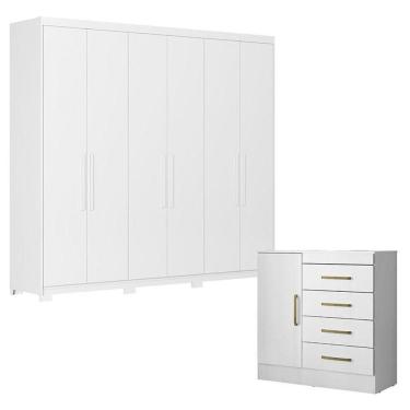 Imagem de Cômoda Montevideu E Guarda Roupa Casal Venice 62580pe Branco Brilho Com Pés - Demóbile