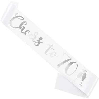 Imagem de Faixa de aniversário branca, "Cheers To 70" faixa de aniversário para meninas, mulheres e homens com letras prateadas para lembrancinhas de festa engraçadas, suprimentos 70 branco prata