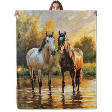 Imagem de Lugiu Cobertor de cavalo sereno, leve, confortável, pacífico, cavalos parados na água, cobertores para sofá, quarto, cobertor macio de flanela para viagem, presentes para adultos, crianças, mulheres