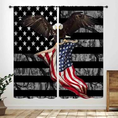 Imagem de Cortinas com bandeira americana, 4 de julho, Dia da Independência, pássaro, águias, floresta, veado, vintage, listras, padrão de bandeira, cortinas de janela para quarto, sala de estar, banheiro, 53