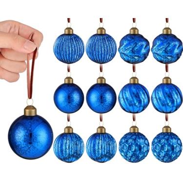 Imagem de 12 peças de enfeites de bola de Natal vintage de vidro mercúrio 6 cm decorações de bola em relevo antigas decorações de árvore de Natal para presentes de Natal e férias de inverno (azul escuro)
