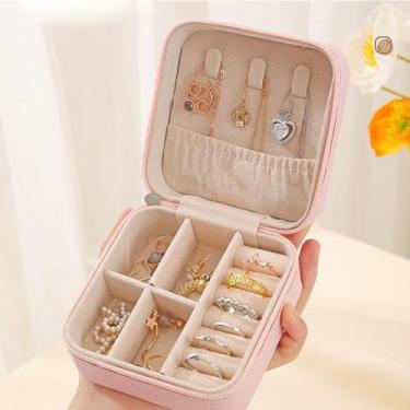 Imagem de Mini estojo de viagem, caixa organizadora de joias de couro PU, pequeno suporte portátil de armazenamento de joias para mulheres, anéis, colares, pulseiras, presente de Natal para meninas, 9 x 9 x 4