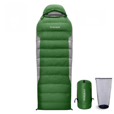 Imagem de SYWSKW Saco de dormir com travesseiro, saco de dormir retangular ultraleve para adultos, mochila jovem, caminhada e acampamento ao ar livre com zíper bidirecional YKK 680 FP Down (verde -15 °C)