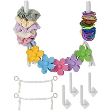 Imagem de NiHome Conjunto organizador de acessórios de cabelo montado na parede, 4 suportes de laço de cabelo e 2 organizadores de presilhas, corda de algodão tecida à mão, armazenamento que economiza espaço