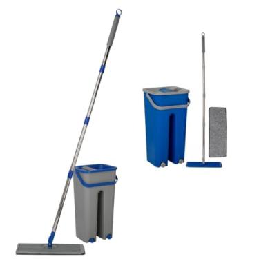 Imagem de Rodo Flat Mop com Balde Duplo Compartimento, Microfibra, Lava e Seca, Azul/Cinza, Base 32x11cm, Cabo 120cm, 5L, Aço Inox e PP, com 2 Refis