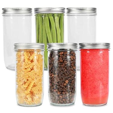 Imagem de Mason Jars de boca larga 680 g, pacote com 6 frascos de vidro para conserva com tampas herméticas e faixas para conservas, preservação, fermentação, decapagem, projetos "faça você mesmo"