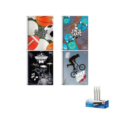 Imagem de Kit Caderno Universitário Vibe Masc 10M 160F Tilibra Caneta Trigel 0.8mm 12 Unidades Grampeador Cis