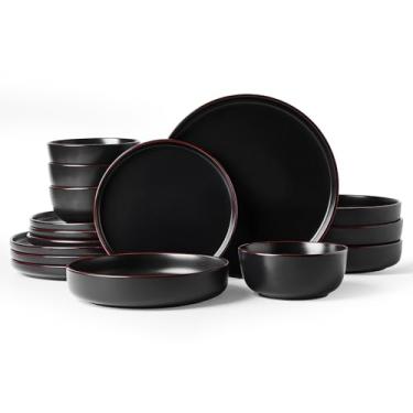 Imagem de Famiware Conjunto de louça Mercury com tigelas de macarrão, serviço para 4 (16 peças), conjuntos de pratos e tigelas, conjunto de pratos para micro-ondas e lava-louças, preto