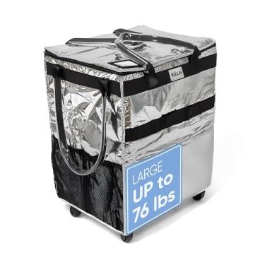 Imagem de KELN Sacola com rodinhas – Carrinho de compras dobrável com fecho de zíper – Bolsa de compras dobrável resistente com alça – Organizador de viagem à prova d'água – carrega até 30 kg – prata