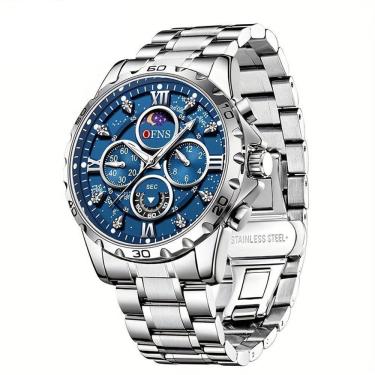Imagem de Relógio Masculino Ofns, Esportivo Luxuoso, Seis Agulhas Multifuncionais Prata Azul