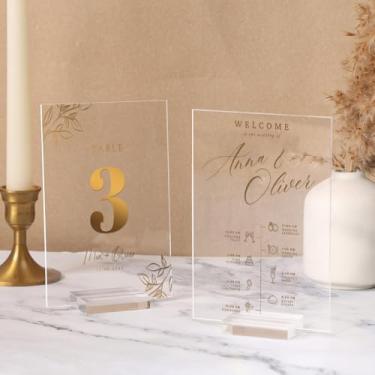 Imagem de UNIQOOO Pacote com 20 números de mesa de casamento, placa de acrílico transparente, 10 x 15 cm, folha de acrílico DIY para suporte de número de mesa de casamento, placas de suporte de exibição para