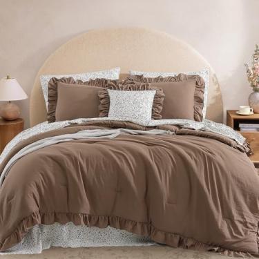 Imagem de BLOOMHAVEN Conjunto de edredom completo - 7 peças de cama marrom âmbar com babados, cama de fazenda chique gasto em uma bolsa completa com edredom floral de babados, lençóis, fronhas e fronhas