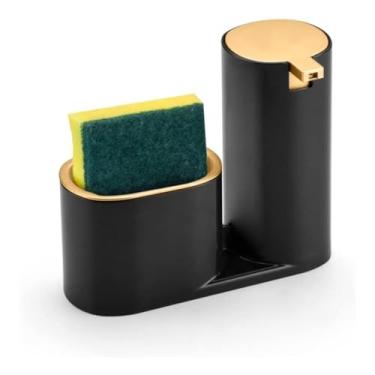 Imagem de Dispenser Porta Detergente Luxo 500ml com Suporte para Bucha – Organizador Moderno para Pia de Cozinha(PRETO COM DOURADO)