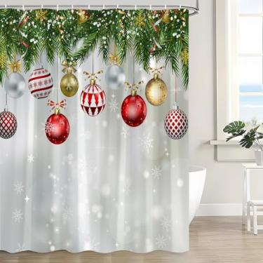 Imagem de CWHCWA Cortina de chuveiro Merry Christmas, bolas de Natal, galhos de pinheiro, inverno, floco de neve, ano novo, decoração de banho, cortina com ganchos