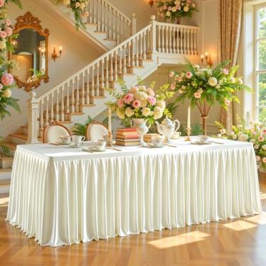 Imagem de Toalhas de mesa retangulares de cetim marfim 1,2 m, capas de mesa elásticas com glitter, resistente a vincos, comprimento até o chão, brilhante, saia de mesa plissada para casamentos, festas de chá de