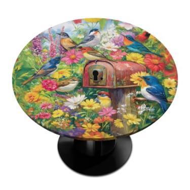 Imagem de Toalha de mesa redonda com elástico, pássaros da primavera, flores, impermeável, à prova de óleo, toalha de mesa redonda para piquenique ao ar livre, lavável, reutilizável, decoração interna, capa de