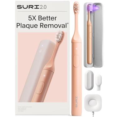 Imagem de SURI Escova de dentes elétrica sônica 2.0 com sensor de pressão e estojo de viagem para limpeza UV | 1 mês + bateria | Escova de dentes elétrica para adultos | Escovas de dentes de viagem | Escova de
