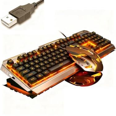 Imagem de Combo de teclado e mouse para jogos com fio, luz de fundo laranja e amarelo iluminado, moldura metálica, brilho ajustável, luz de fundo respiratória, tamanho completo, 104 teclas, para Xbox PS4 Xbox