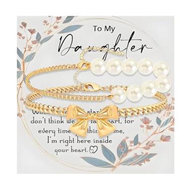Imagem de Embtrem Pulseira To My Daughter, presentes para filha, pulseiras com laço dourado para mulheres, pulseira de pérola, joias de aniversário, presentes para mulheres, Large, Cobre, Sem Pedra Preciosa