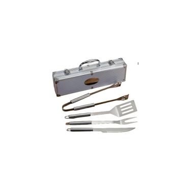 Imagem de Kit para Churrasco 4 Peças com Maleta, Aço Inoxidável, Inclui Espátula, Garfo, Faca e Pegador, 37cm, Prata