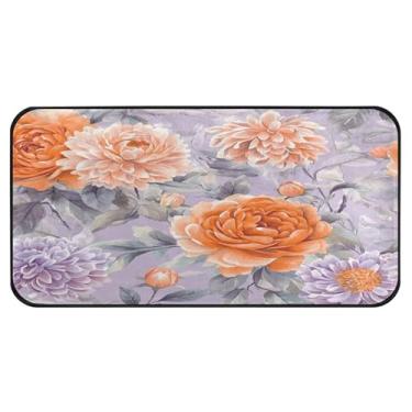 Imagem de Burbuja Tapete de cozinha roxo de rosas laranja 51 x 99 cm, tapete antiderrapante lavável com suporte de borracha, tapete para cozinha, sala de estar, banheiro, decoração de casa