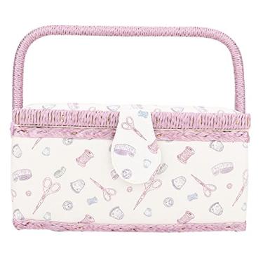 Imagem de Cesta de costura vintage tecido doméstico artesanato linha de armazenamento de agulha organizador portátil design de camada dupla com alça confortável para entusiastas de costura